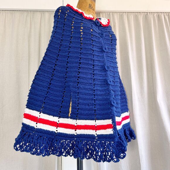 Vintage 60s Nautical Ruffled Crochet Poncho Sweater Cape - Picture 1 of 5